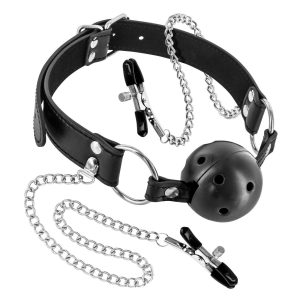 Повітропроникний кляп із затискачами для сосків Fetish Tentation Rigid Gag Ball with Nipple Clamps