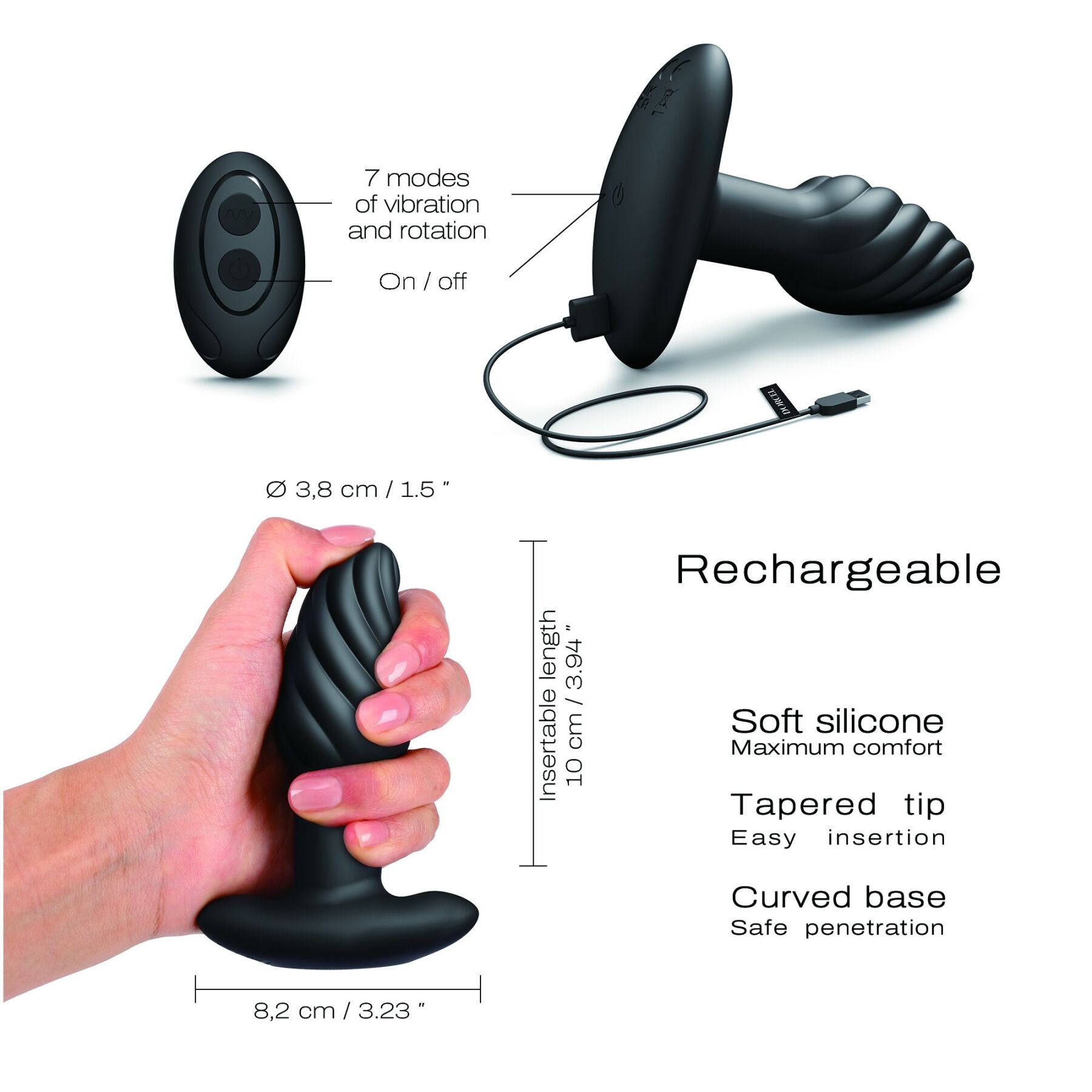 Анальна пробка з вібрацією та перлинним масажем Dorcel Spin Plug, макс. діам. 3,8 см, пульт ДК - Зображення 4
