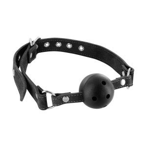 Повітропроникний кляп Fetish Tentation Premium Leather gag with stiff ball, шкіряний ремінець